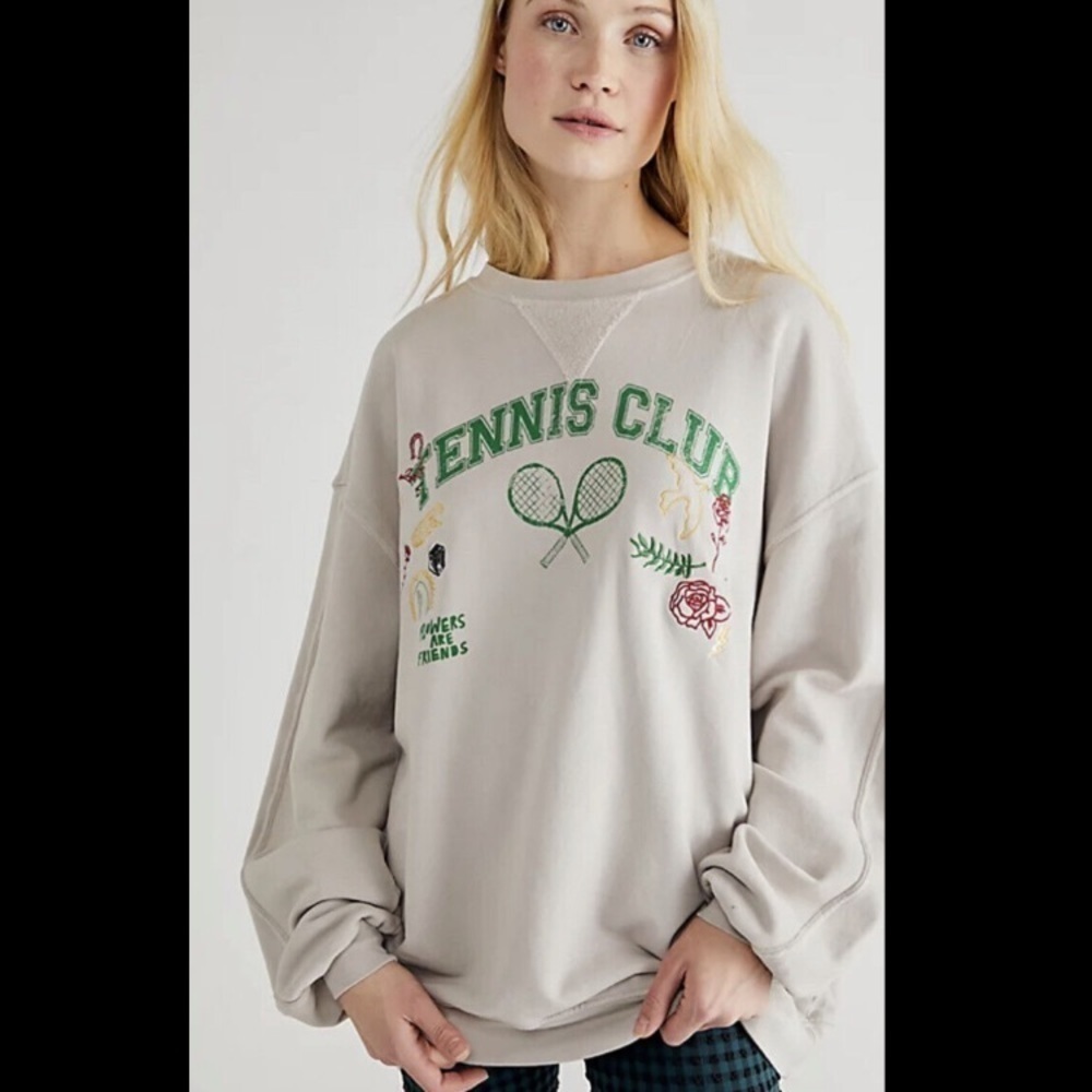Free People Over and Out Graphic Vintage looking Pullover Tennis Sweatshirt NWOT - Picture 1 of 15